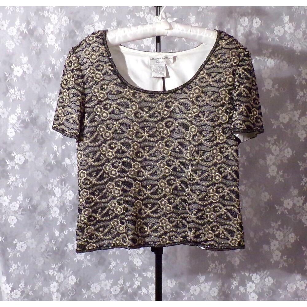Adrianna Papell Occasions Blouse Vintage 90s Silk Beaded Art Nouveau Size Medium
